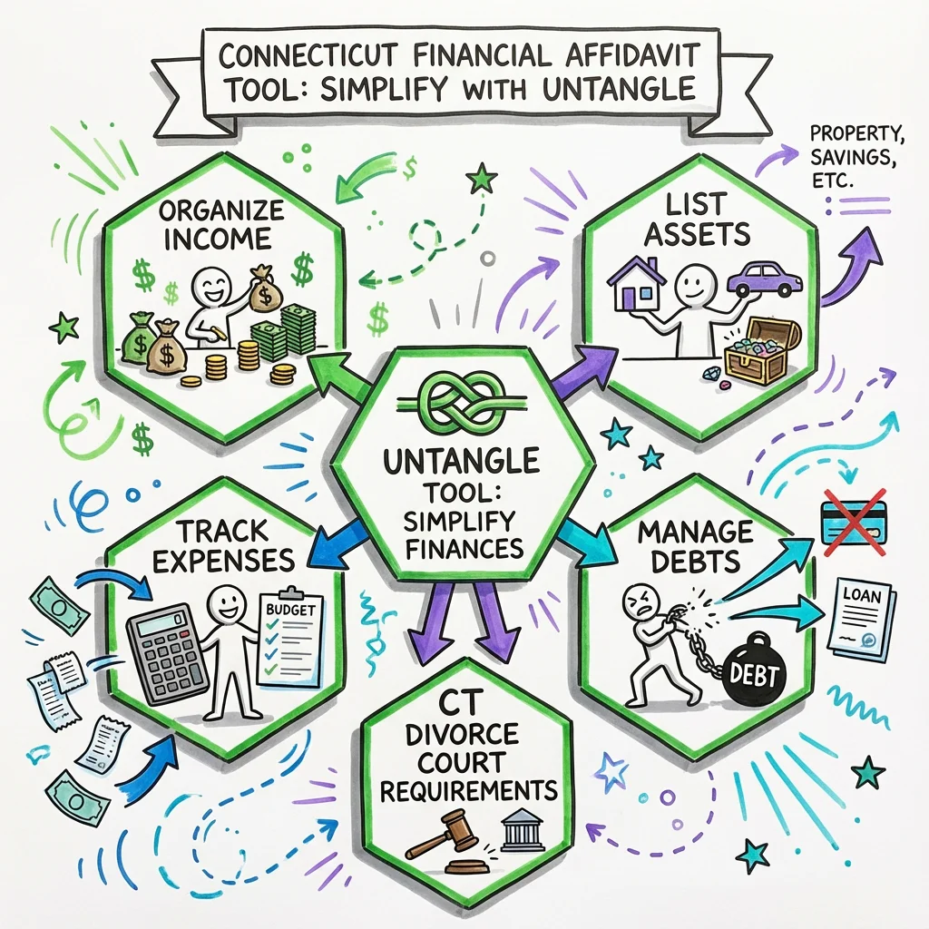 Illustrated guide summarizing the main points about Connecticut Financial Affidavit Tool: Simplify Your Divorce Finances with Untangle
