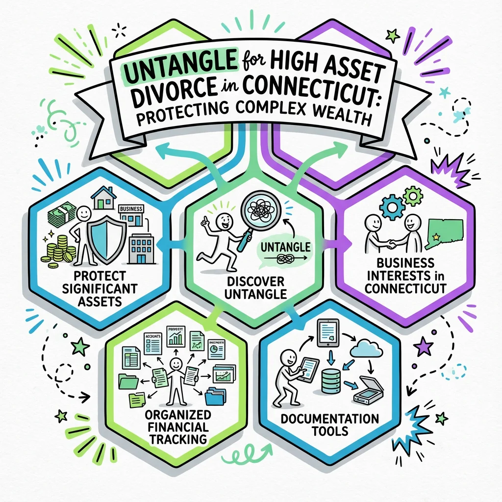 Illustrated guide summarizing the main points about Untangle for High Asset Divorce in Connecticut: Protecting Complex Wealth