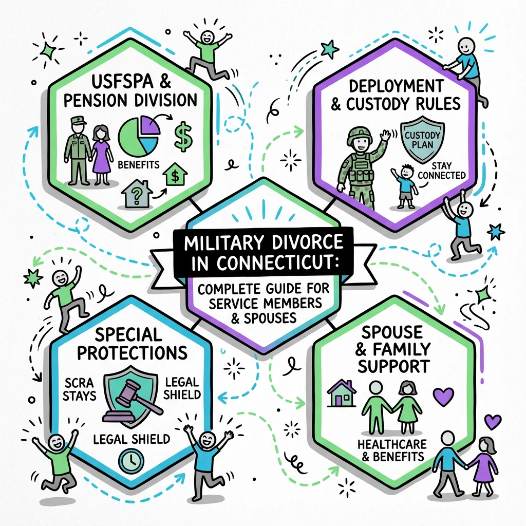Illustrated guide summarizing the main points about Military Divorce in Connecticut: Complete Guide for Service Members and Spouses