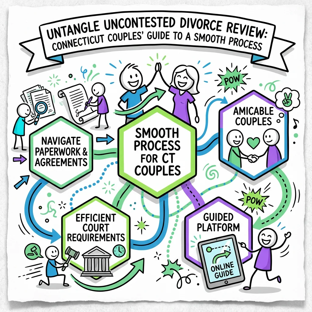 Illustrated guide summarizing the main points about Untangle Uncontested Divorce Review: Connecticut Couples' Guide to a Smooth Process