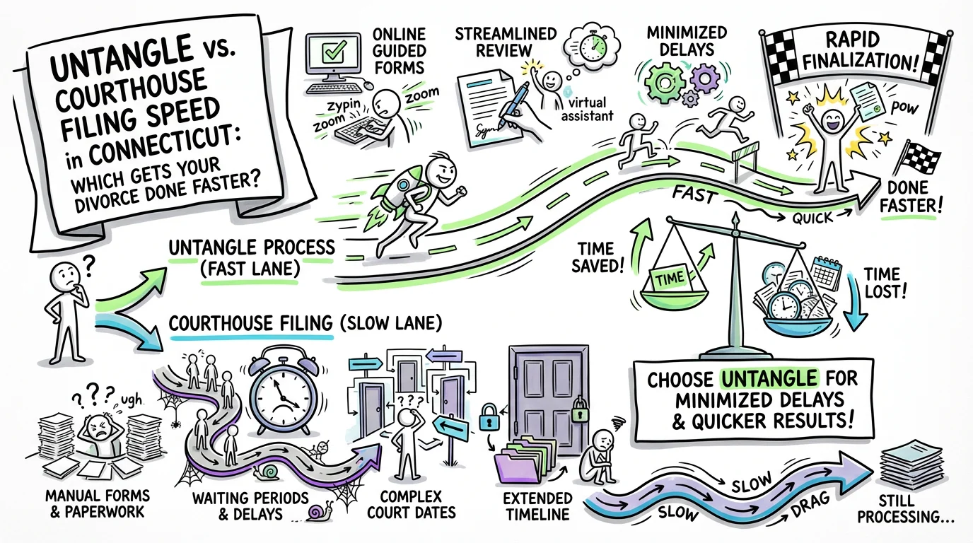 Visual overview showing the key steps and concepts for Untangle vs Courthouse Filing Speed in Connecticut: Which Gets Your Divorce Done Faster? in Connecticut