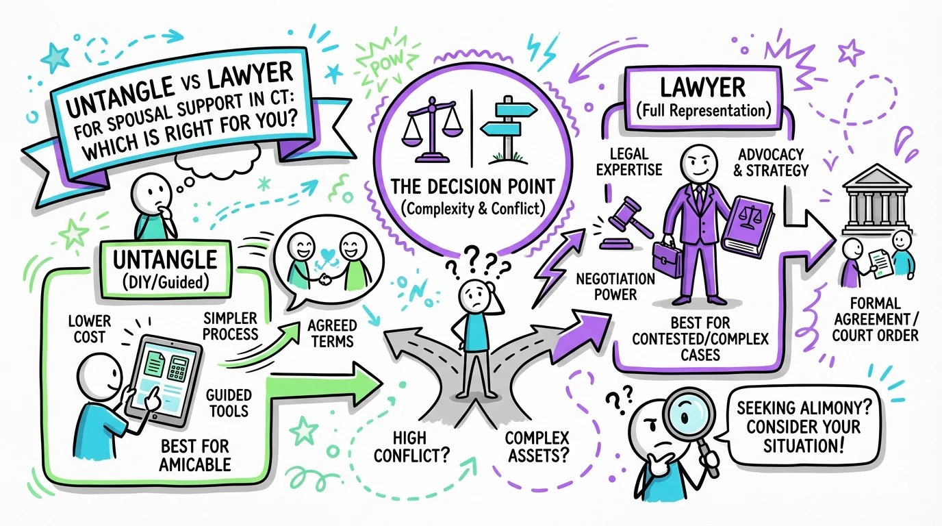 Visual overview showing the key steps and concepts for Untangle vs Lawyer for Spousal Support in Connecticut: Which Is Right for You? in Connecticut