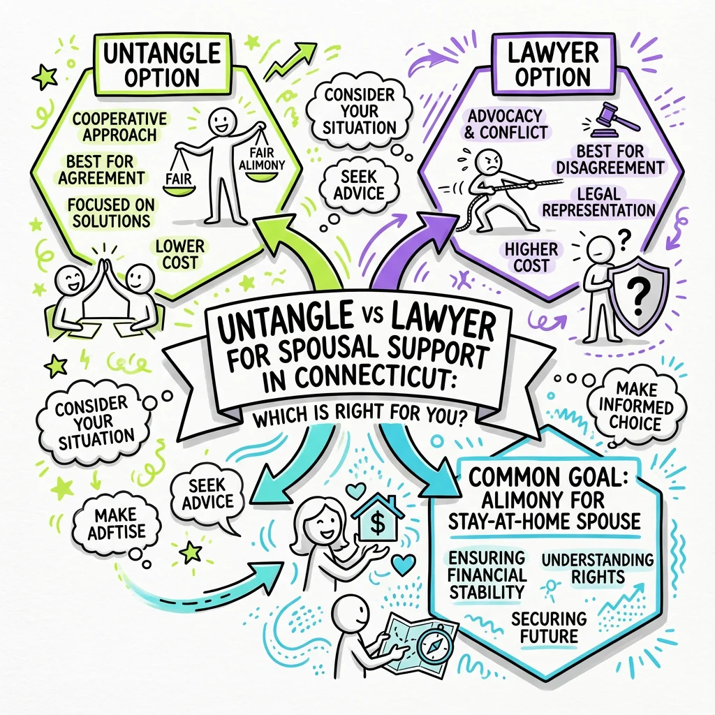 Illustrated guide summarizing the main points about Untangle vs Lawyer for Spousal Support in Connecticut: Which Is Right for You?