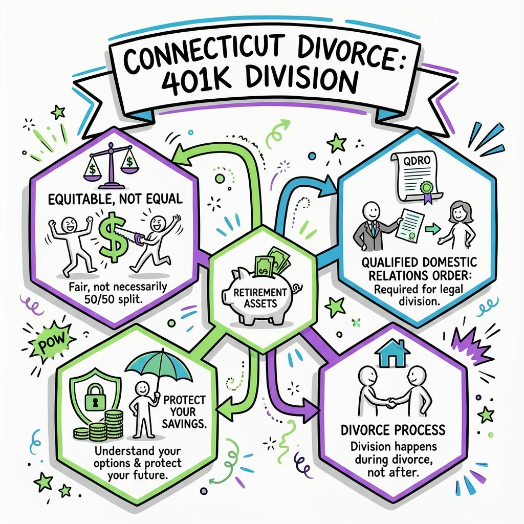 Illustrated guide summarizing the main points about What Happens to Your 401k in a Connecticut Divorce | Division of Retirement Assets